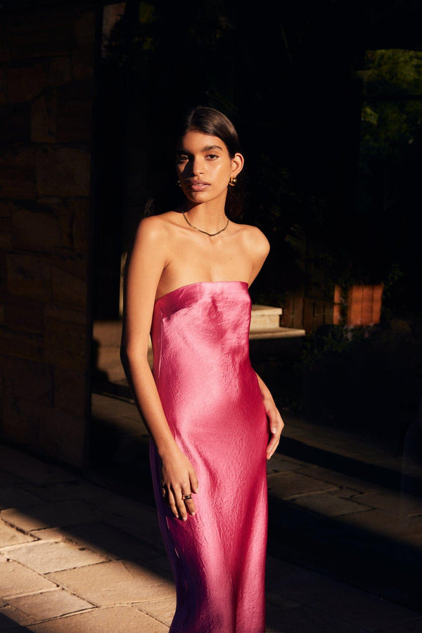 CRUSH BIAS STRAPLESS DRESS | WATERMELON