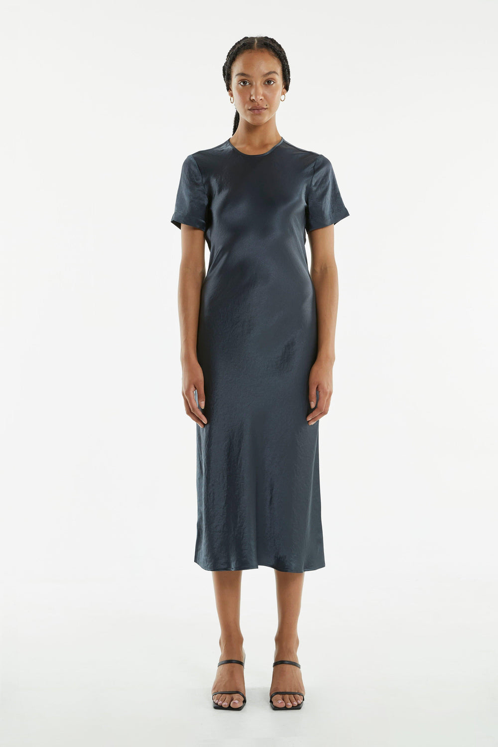 CRUSH BIAS TEE MIDI DRESS | GUN METAL