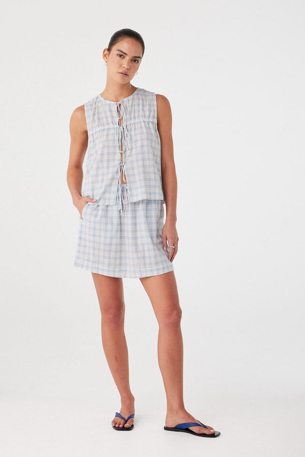 Camille Tie Top - Powder Blue Check