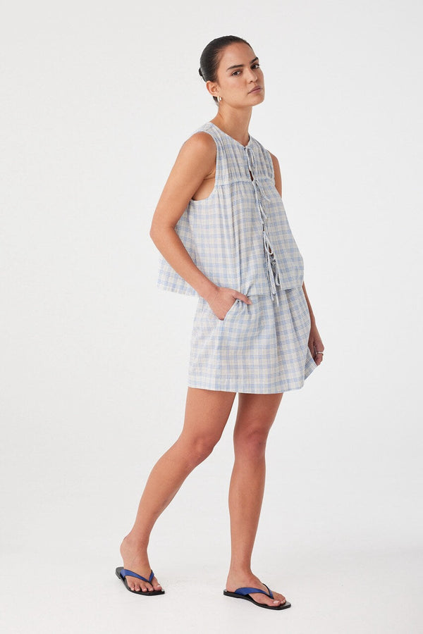 Camille Tie Top - Powder Blue Check