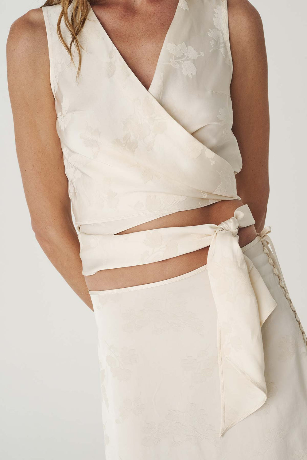 Cloudia Jacquard Wrap Top - Ivory Floral