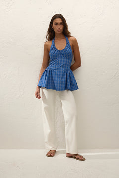 Del Ros Top - Flor Check Cobalt