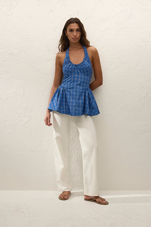 Del Ros Top - Flor Check Cobalt