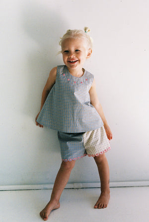 Della Top - Blue Check/Polka Dot