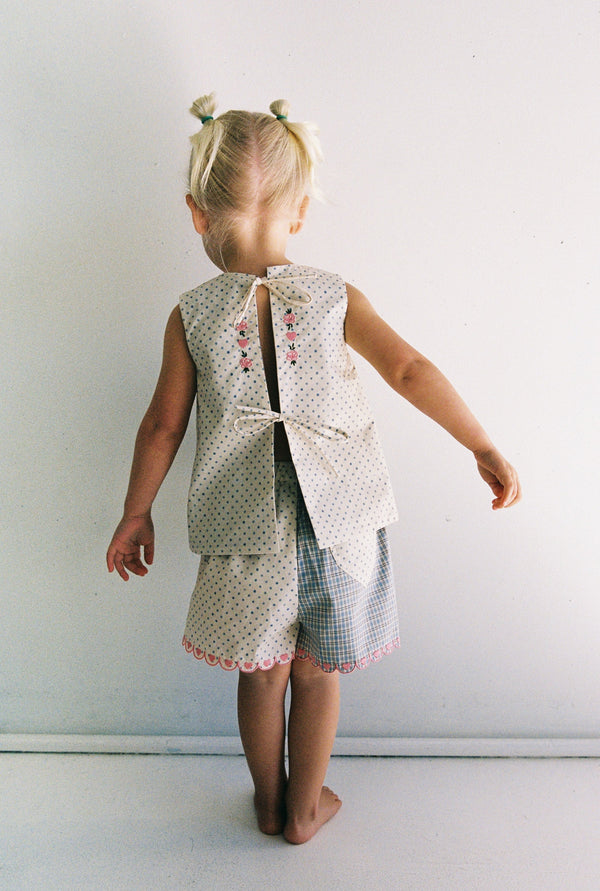 Della Top - Blue Check/Polka Dot