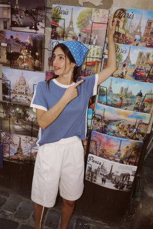 Rania Contrast Knit Tee - Chalk Blue