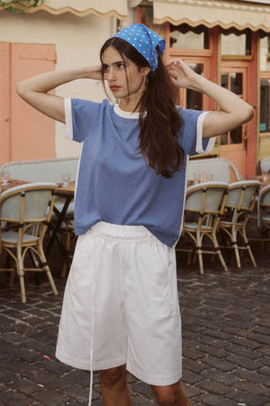 Rania Contrast Knit Tee - Chalk Blue