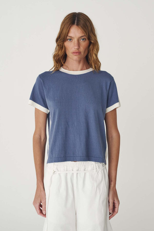 Rania Contrast Knit Tee - Chalk Blue