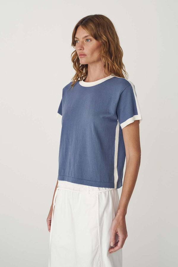 Rania Contrast Knit Tee - Chalk Blue