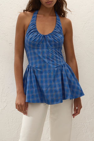 Del Ros Top - Flor Check Cobalt