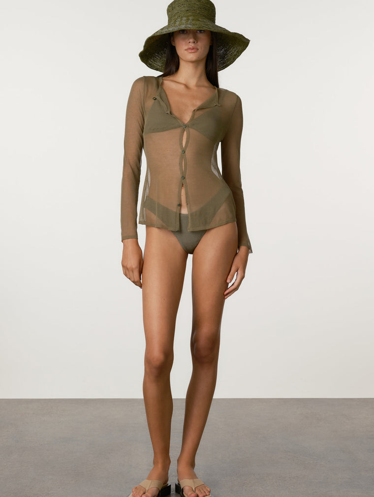 Sheer Knit Cardigan Set - Olive