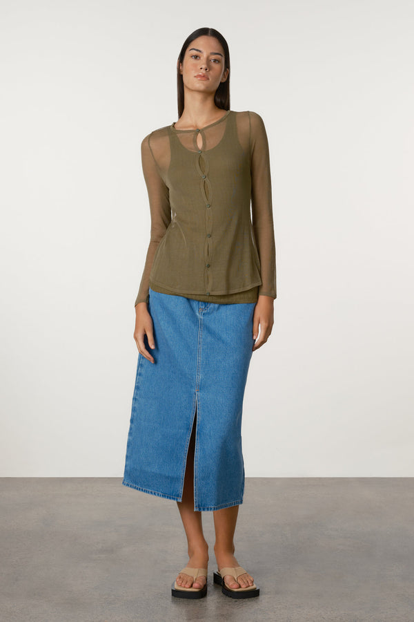 Sheer Knit Cardigan Set - Olive