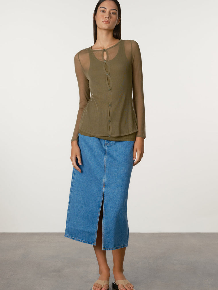 Sheer Knit Cardigan Set - Olive