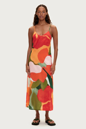 Cotton Silk Dress - Red Floral