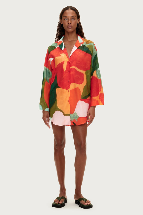 Cotton Silk Shirt - Red Floral