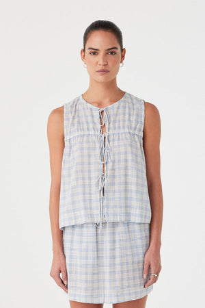 Camille Tie Top - Powder Blue Check