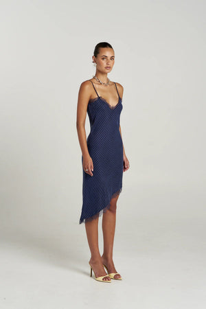 Asym Siren Dress - Navy Pinstripe