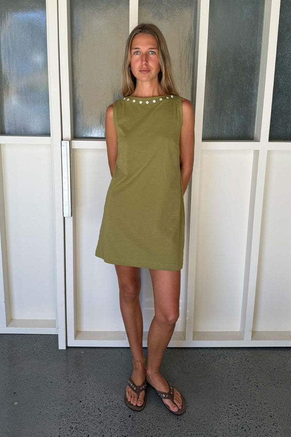 Muriel Button Boatneck Mini Dress - Palm Green