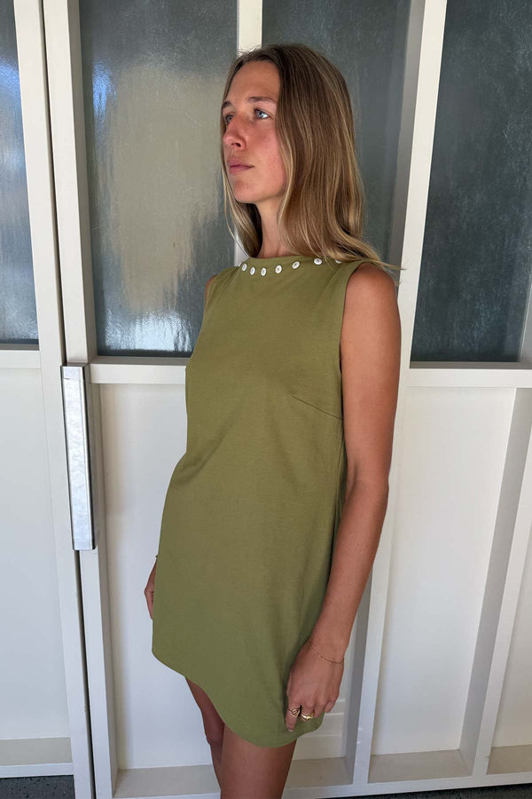 Muriel Button Boatneck Mini Dress - Palm Green