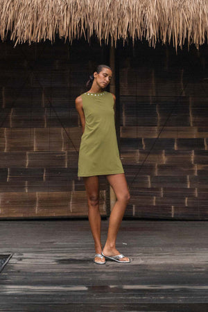 Muriel Button Boatneck Mini Dress - Palm Green
